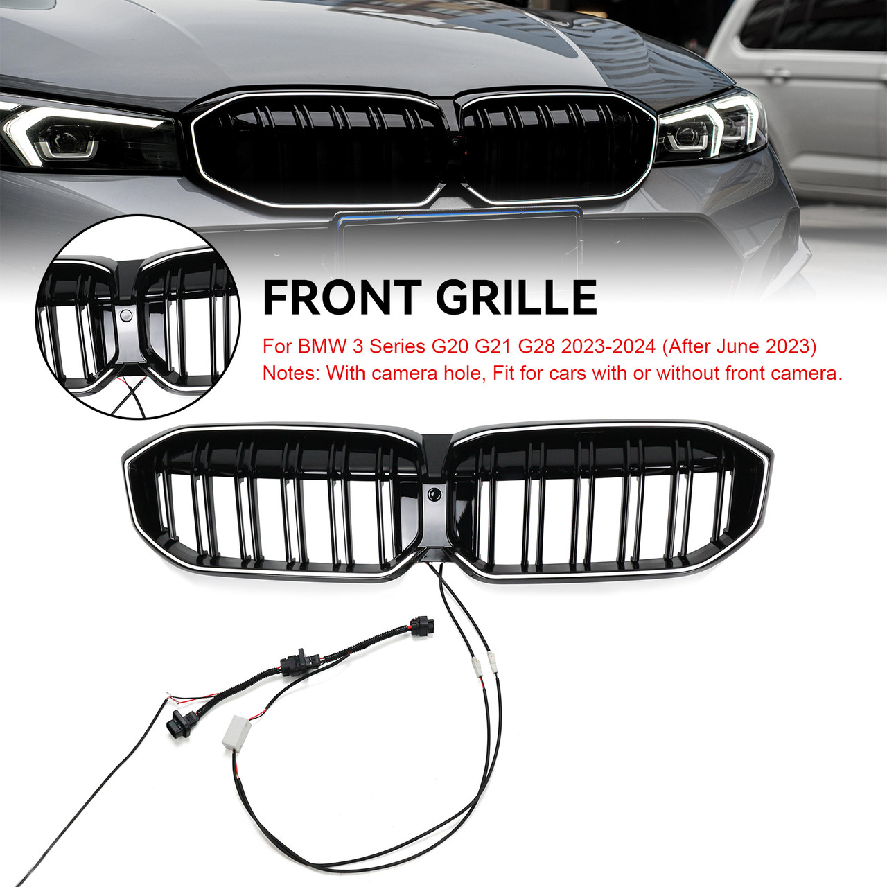 Double Line Black Front Kidney Grille Mesh Fit BMW 3 Series G20 G28 2023-2024