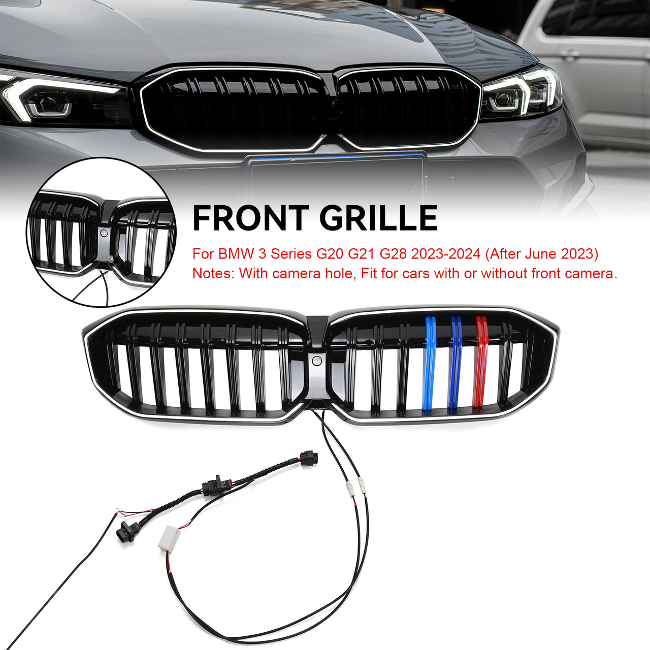 Gloss Black Front Kidney Grille Mesh Fit BMW 3 Series G20 G28 2023-2024 M