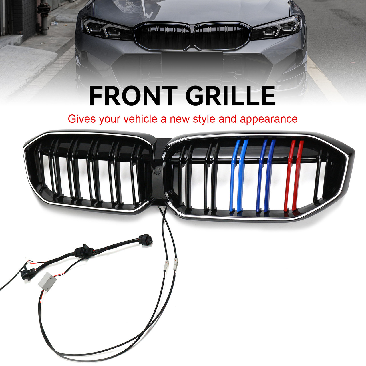 Double Line Black Front Kidney Grille Mesh Fit BMW 3 Series G20 G28 2023-2024 M