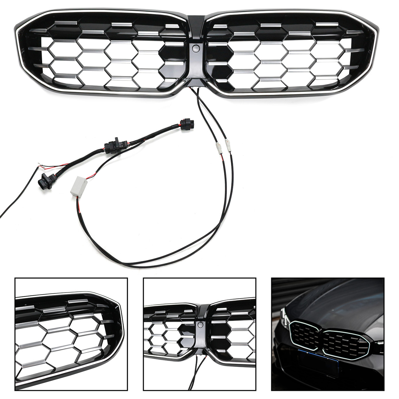 Diamond Black Silver Front Kidney Grille Mesh Fit BMW 3 Series G20 G28 2023-2024