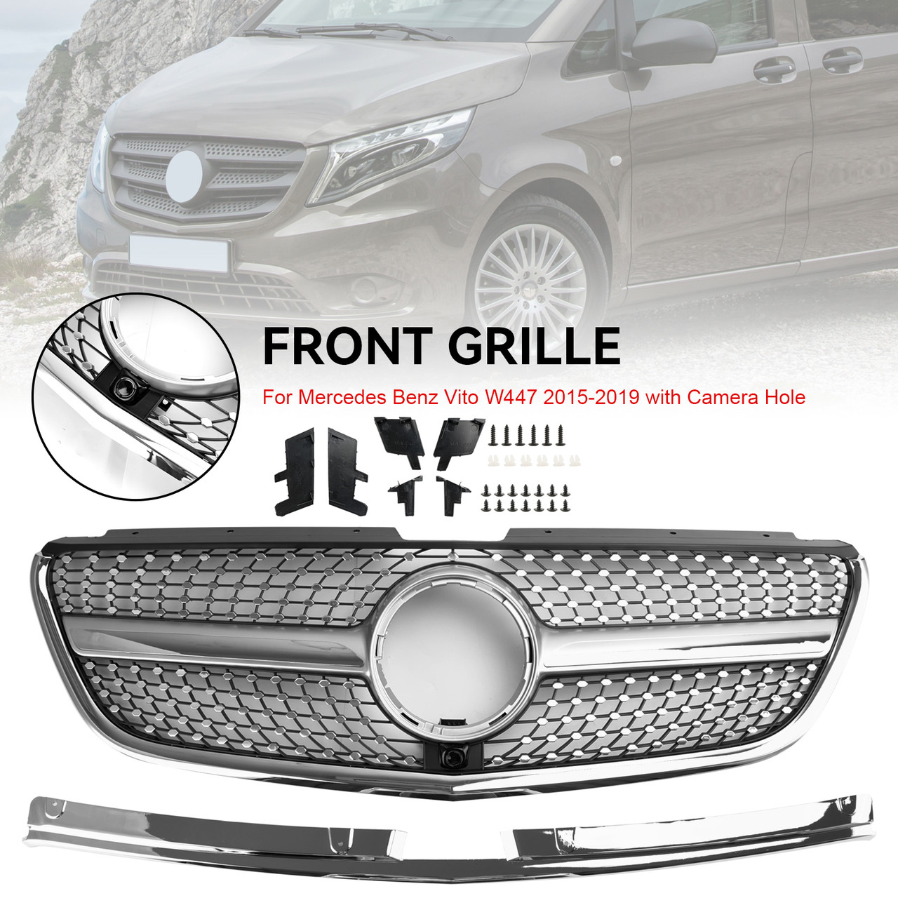 Diamond Front Bumper Grill Grille Fit Mercedes Vito W447 2015-19 GT Stlye