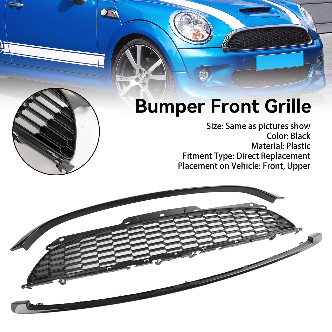 3PCS Gloss Black Front Grille Grill Fit Mini R55 R56 R57 R58 R59 Cooper S & JCW