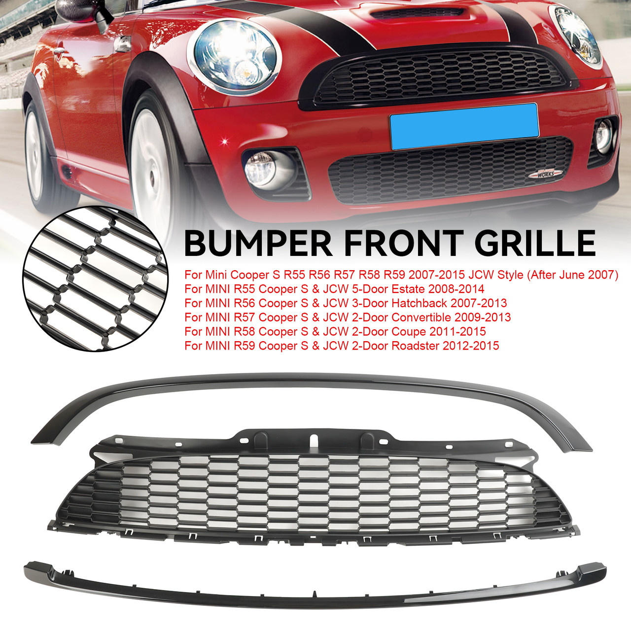 3PCS Gloss Black Front Grille Grill Fit Mini R55 R56 R57 R58 R59 Cooper S & JCW