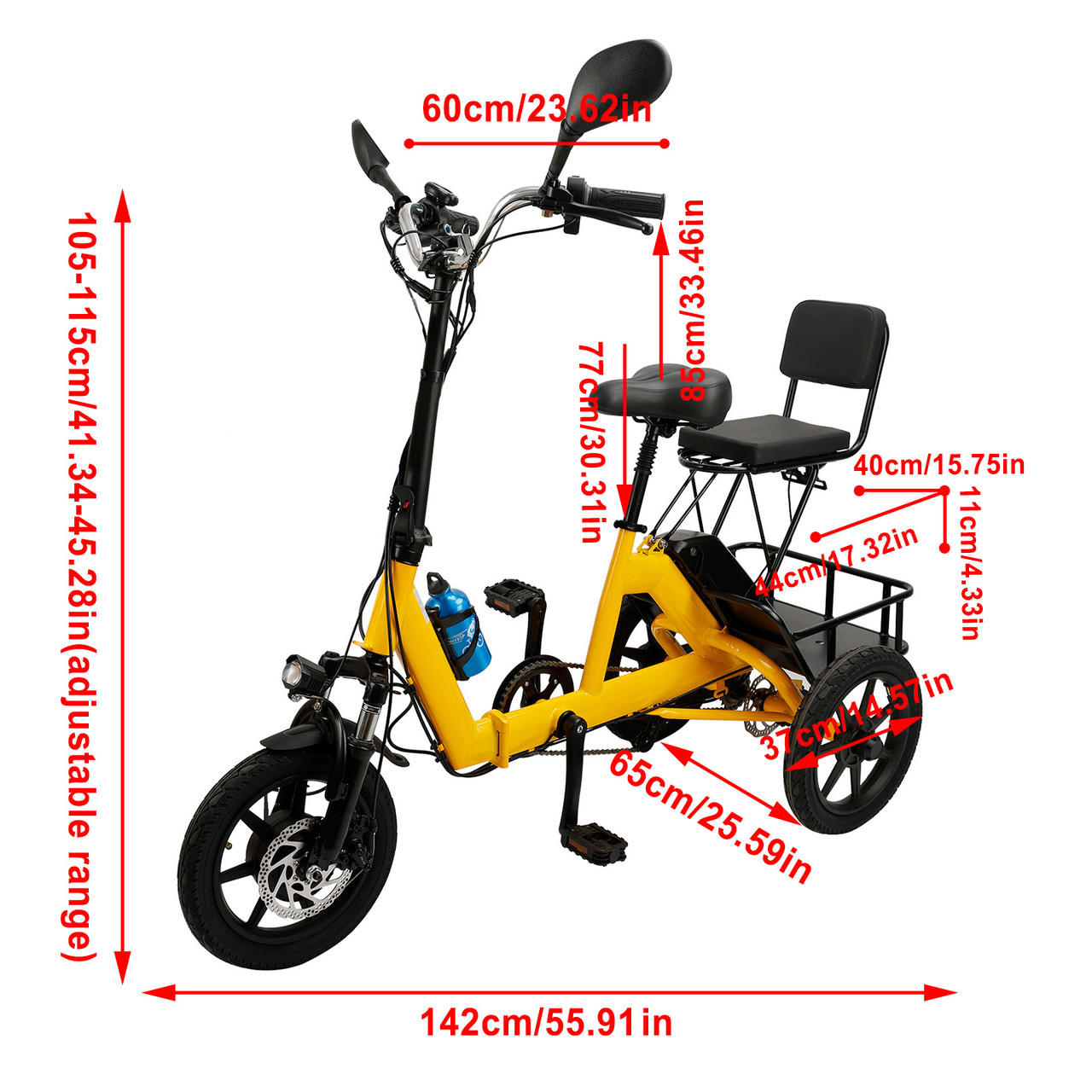 Three Wheel Electric Tricycle for Adults 3 Wheel Motorized Folding E-Bike Yellow