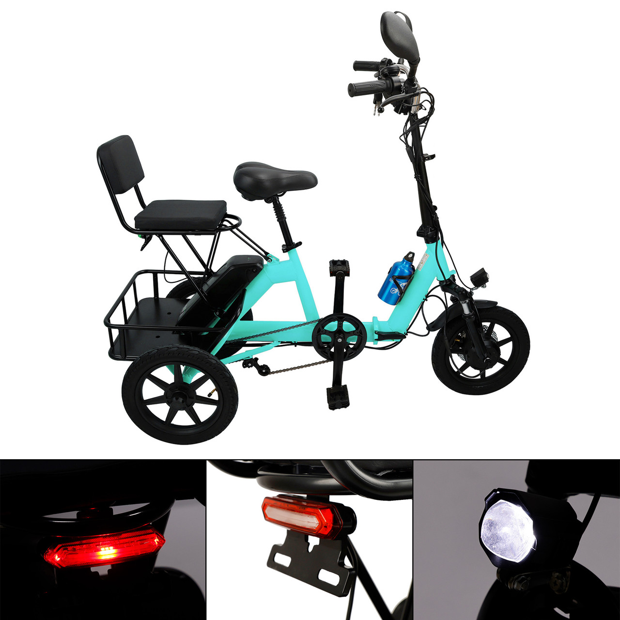 Three Wheel Electric Tricycle for Adults 3 Wheel Motorized Folding E-Bike Cyan