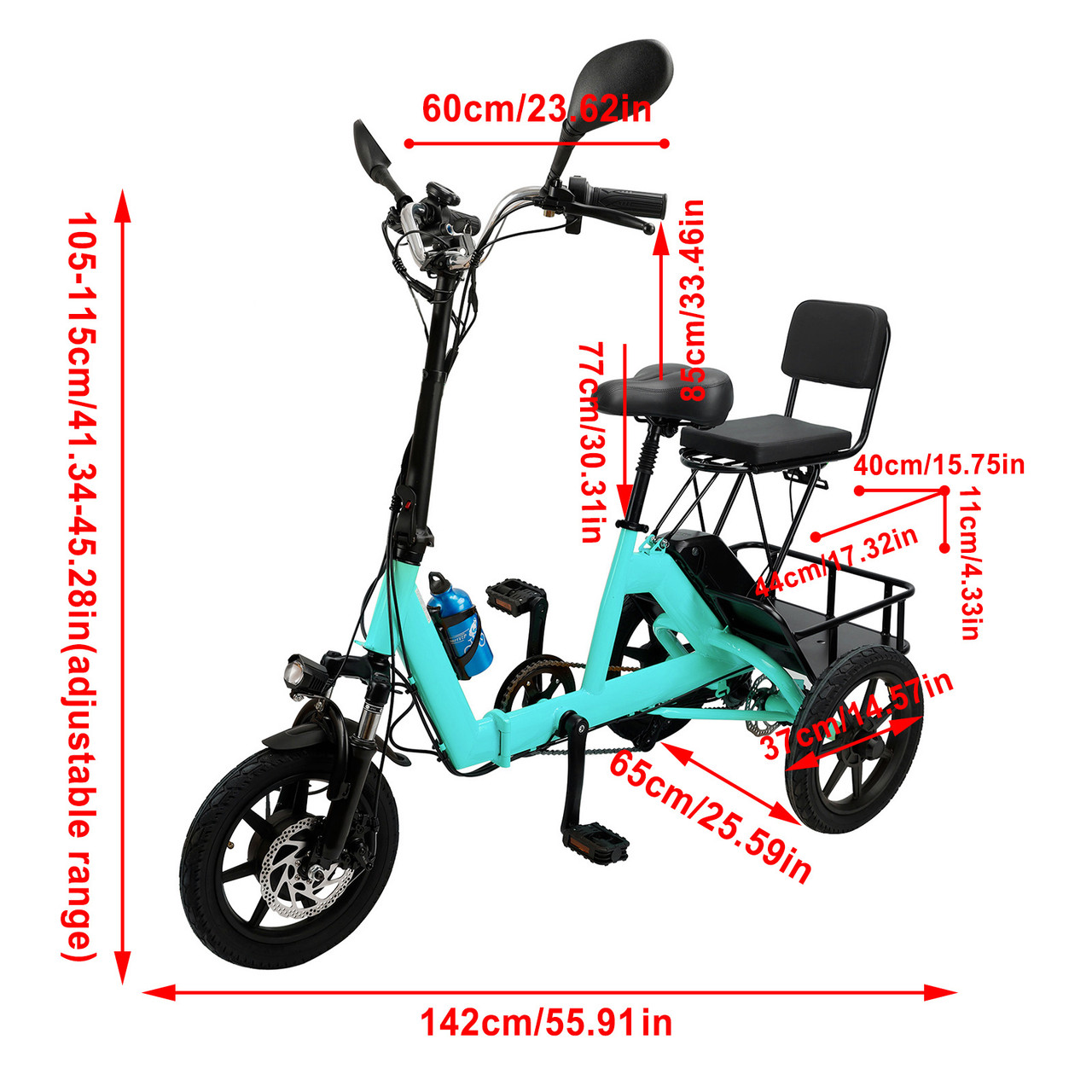 Three Wheel Electric Tricycle for Adults 3 Wheel Motorized Folding E-Bike Cyan