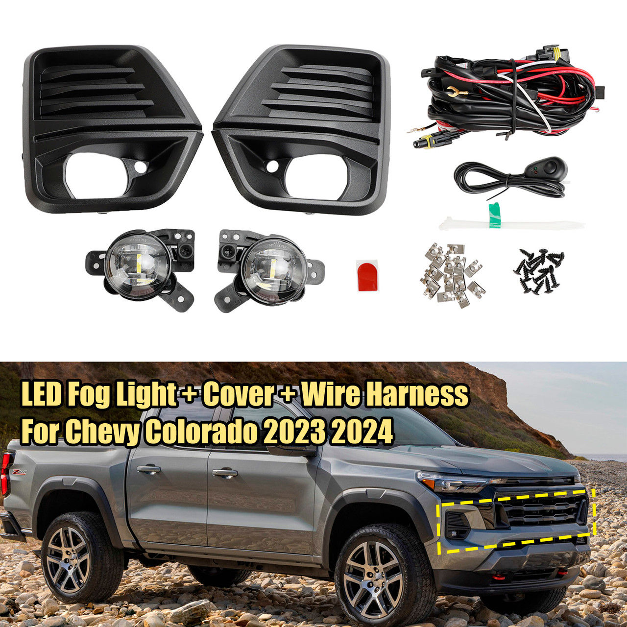 Front Bumper LED Fog Light + Cover + Wire Harness For Chevy Colorado 2023 2024