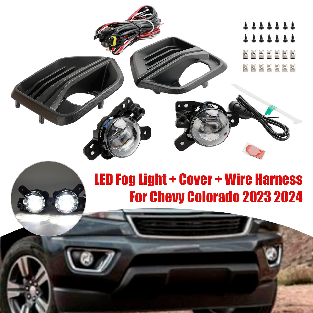 Front Bumper LED Fog Light + Cover + Wire Harness For Chevy Colorado 2023 2024