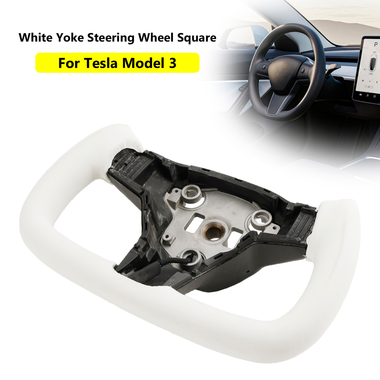 Yoke Steering Wheel Square White Leather w/Heating For Tesla Model 3 2017-2023
