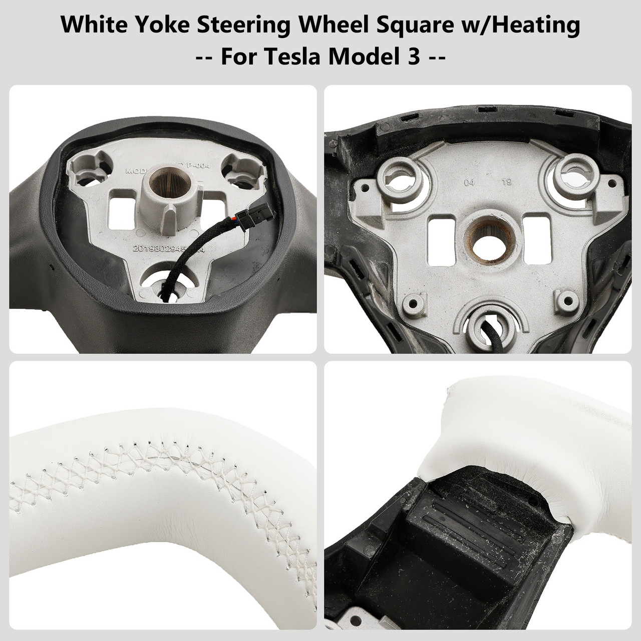 Yoke Steering Wheel Square White Leather w/Heating For Tesla Model 3 2017-2023