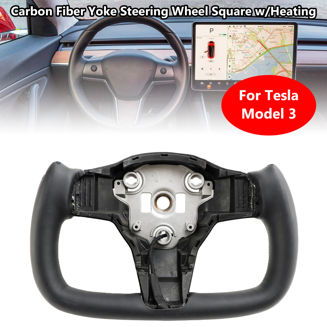 Yoke Steering Wheel w/Heating Black & Carbon Fiber For Tesla Model 3 2017-2023