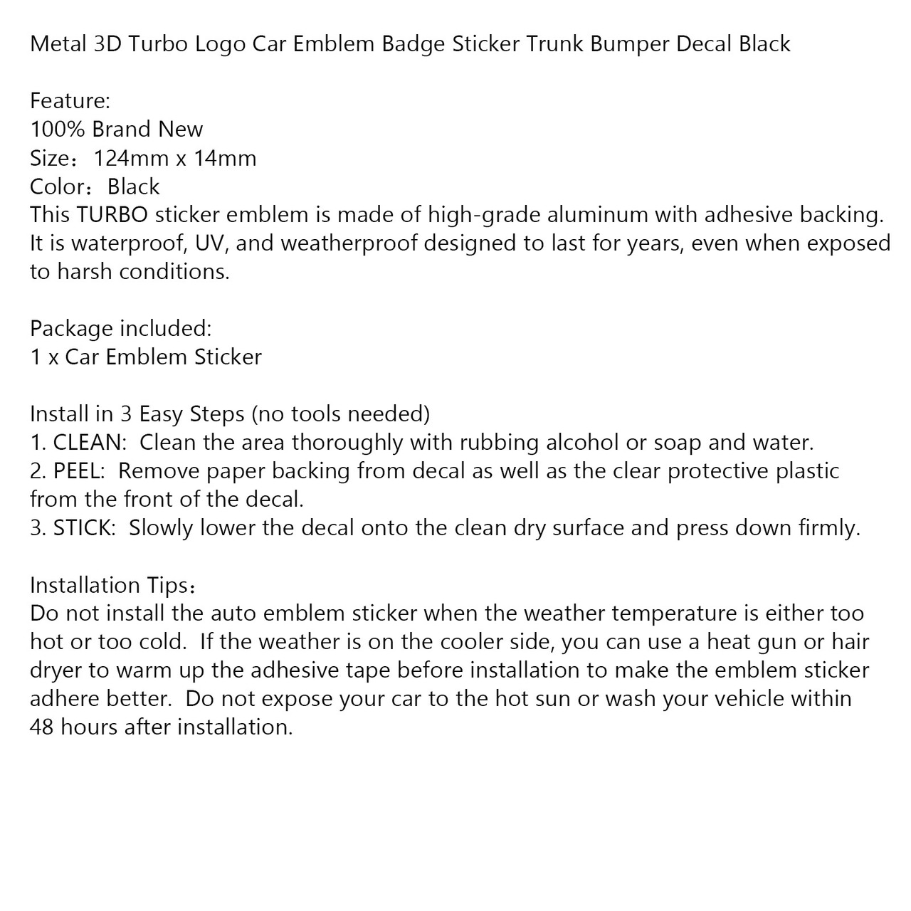 Metal 3D Turbo Logo Car Emblem Badge Sticker Trunk Bumper Decal Black
