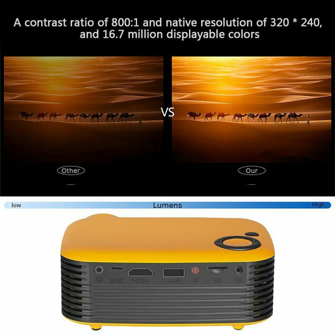 A2000 Mini Portable Projector 1080P Movie Projectors Home Theater Yel US Plug