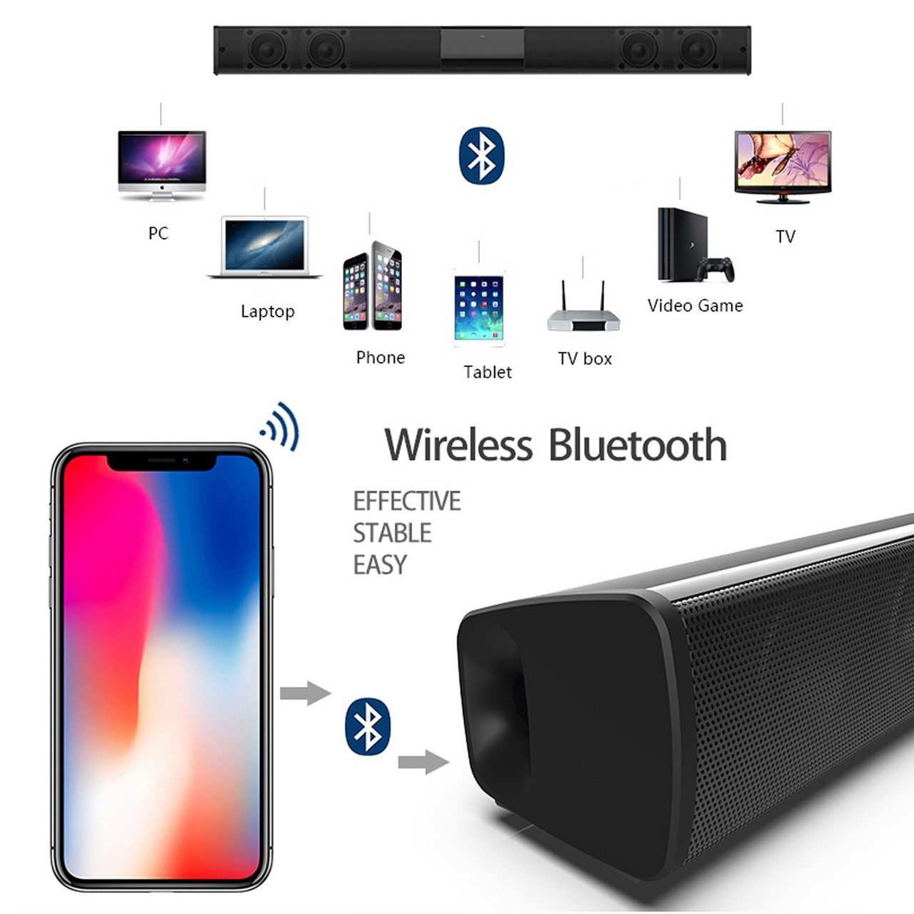BS-10 Wireless Sound Bar With Subwoofer – 4 Speaker Home Theater System, Bluetooth 5.0, Remote Included