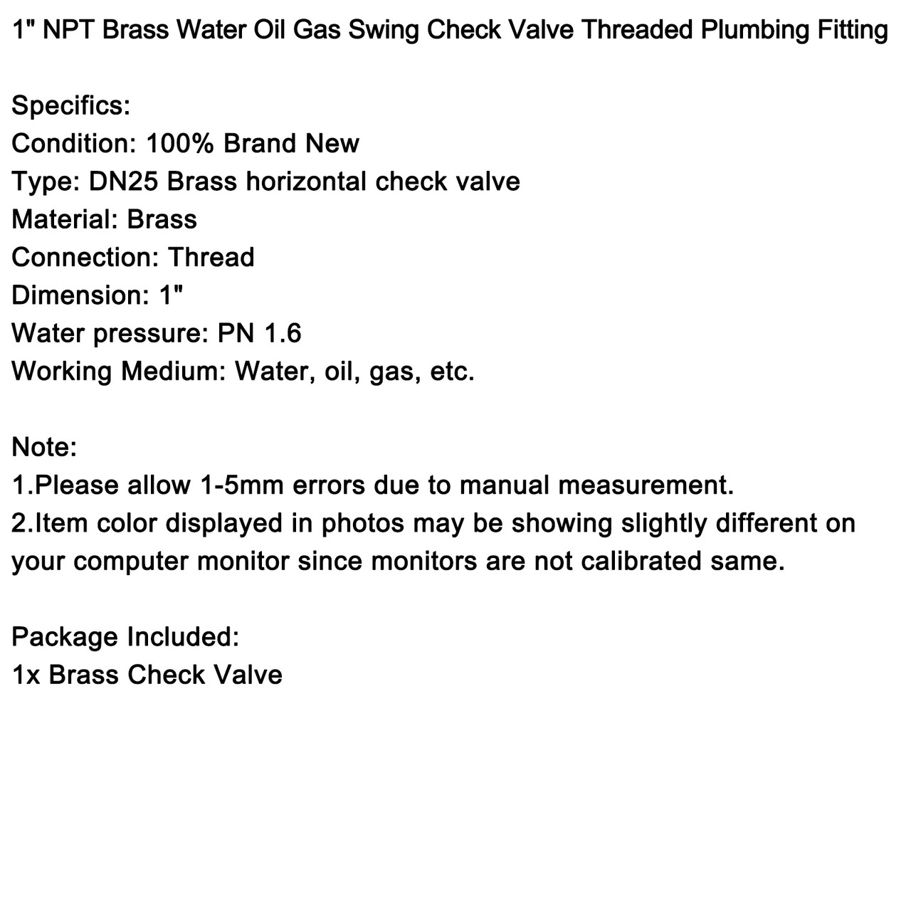 1" NPT Brass Water Oil Gas Swing Check Valve Threaded Plumbing Fitting