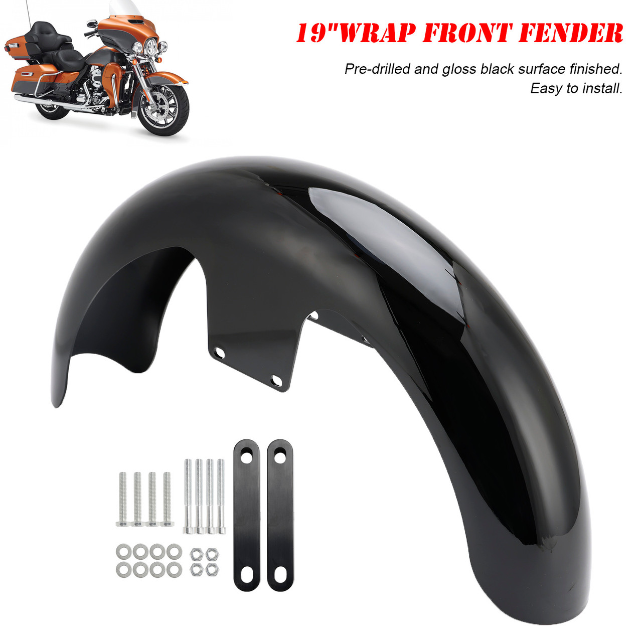 19" Wrap Front Fender ABS For Touring Electra Street Road Glide Baggers FLHT FLHR Black