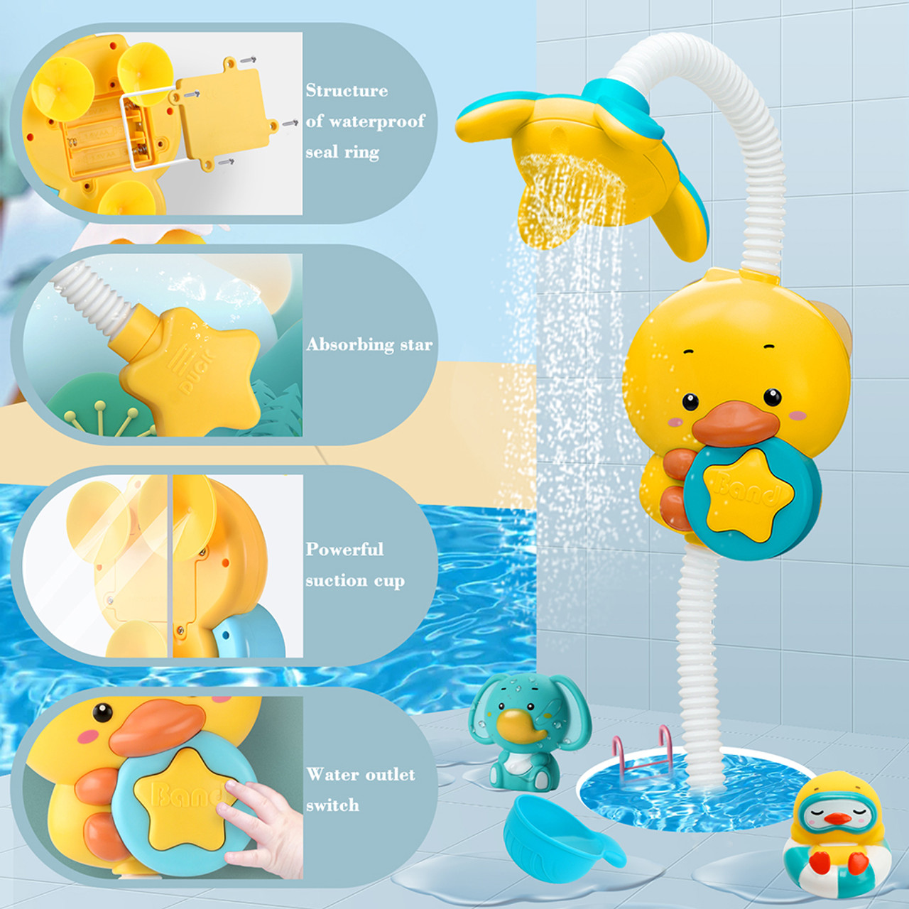 360隆茫Adjustable Electric Duck Bathtub Sprinkler Baby Bath Toys Kids Bathroom