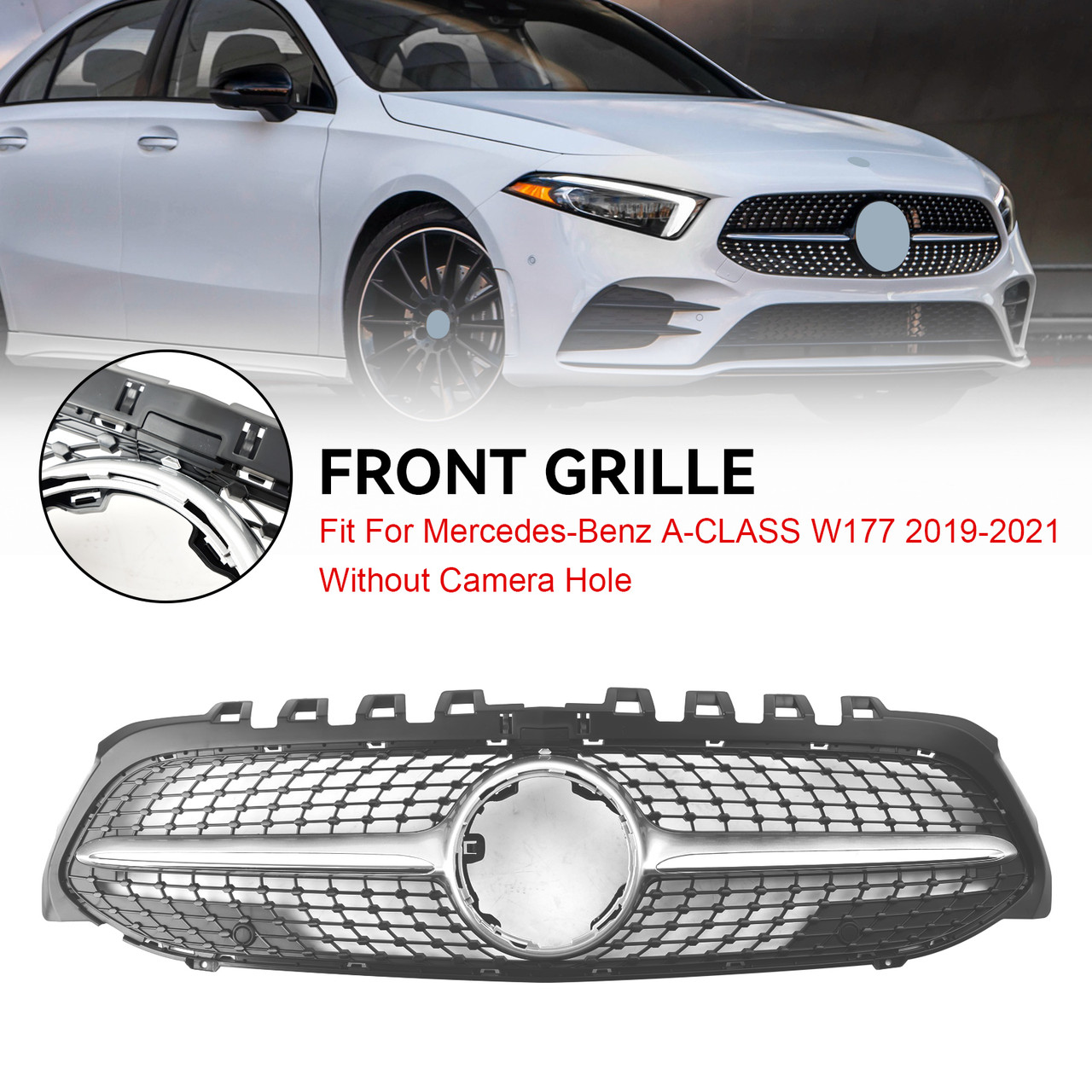 Diamond Front Bumper Grille Grill Fit Mercedes Benz A-Class W177 2019-2023 Black