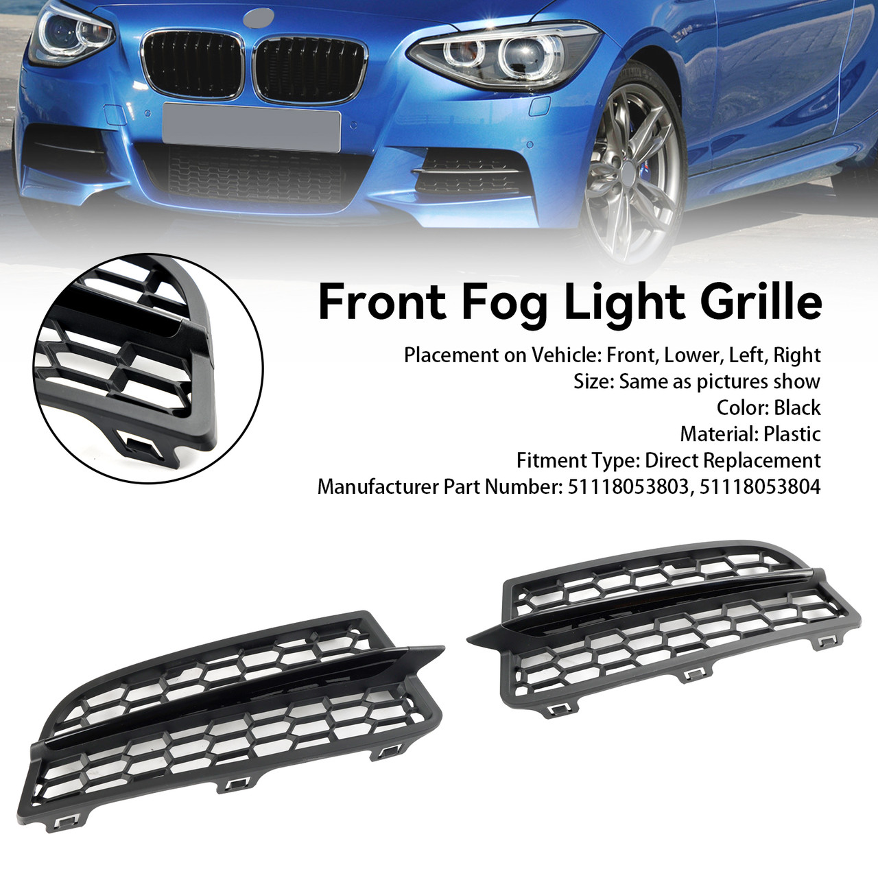 2PCS Front Bumper Fog Light Cover Bezel Grill Grille Fit BMW F20 F21 2011-2015 M Black