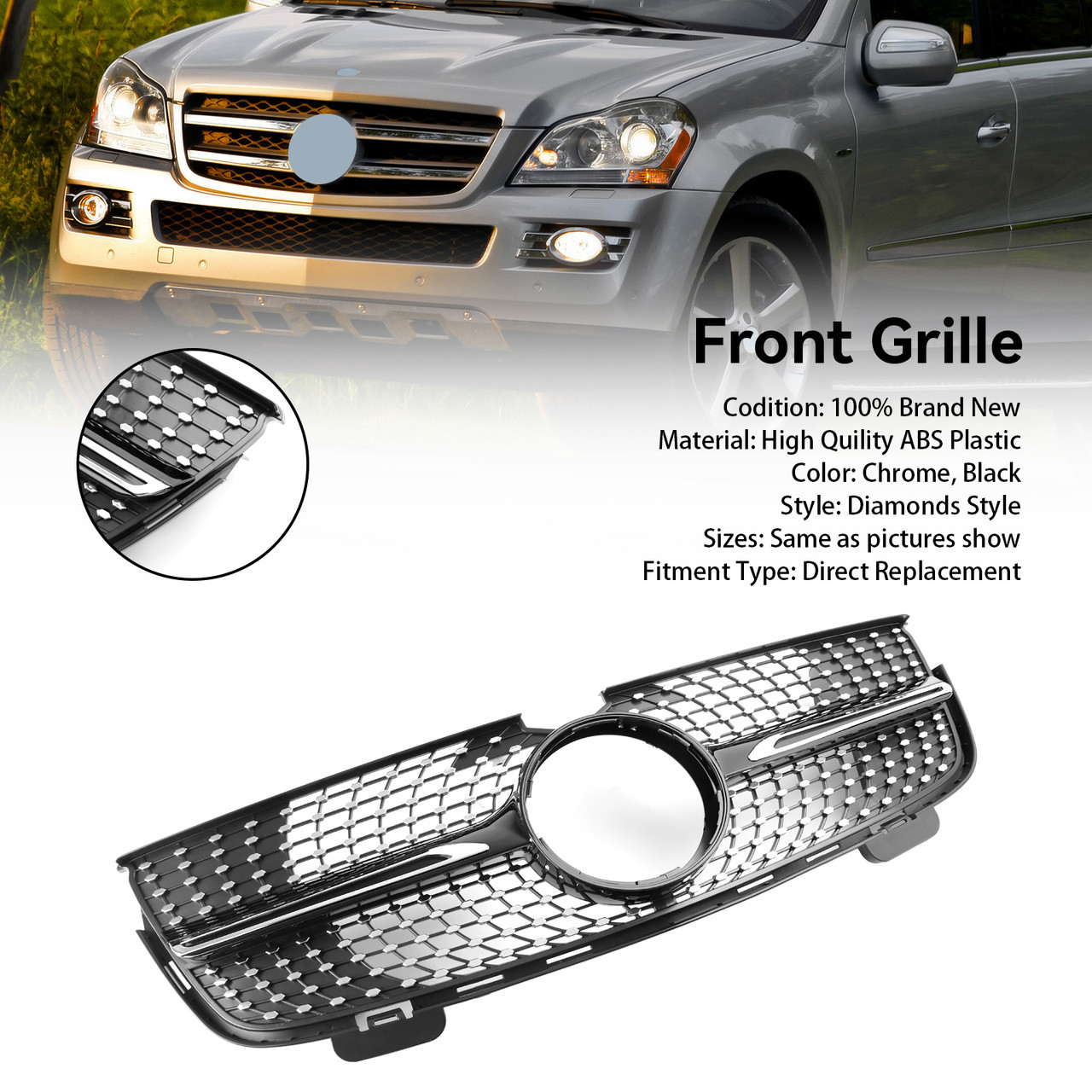 Diamonds Front Bumper Grille Fit Mercedes Benz GL-Class X164 2007-2009 Chrome