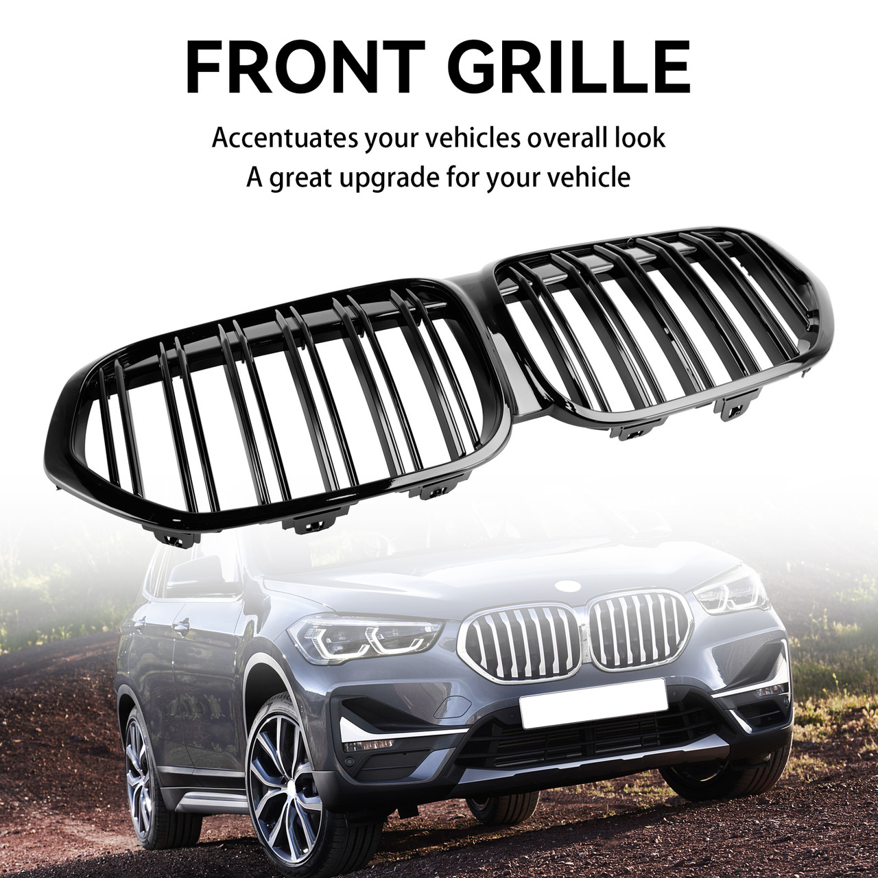 Gloss Black Front Kidney Grille Grill Fit BMW X1 F48 F49 2019-2021 Dual Slat