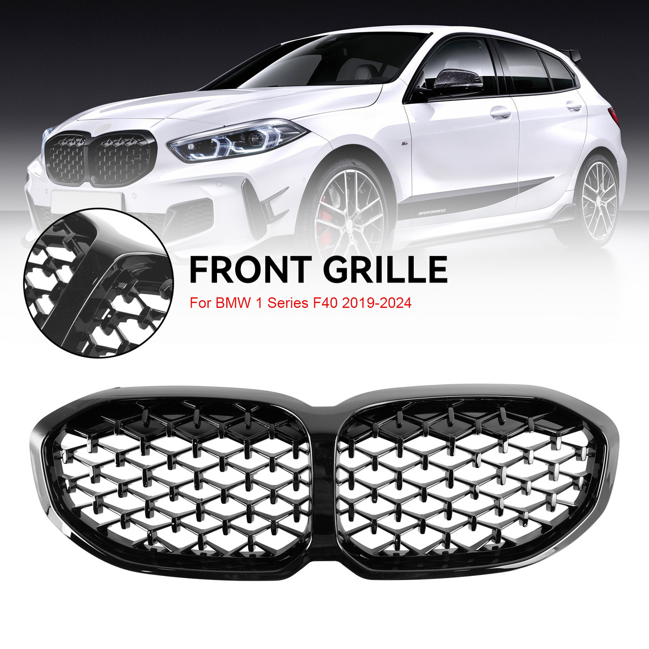 Gloss Black Diamond Front Kidney Grill Grille Fit BMW 1 Series F40 2019-2024