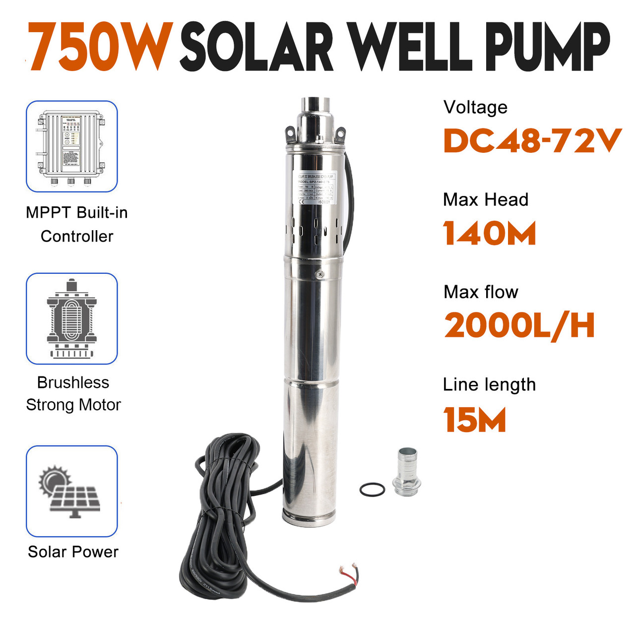 3" 48V 750W MPPT Screw Solar Bore Pump Submersible Deep Well Maximum Head 140M