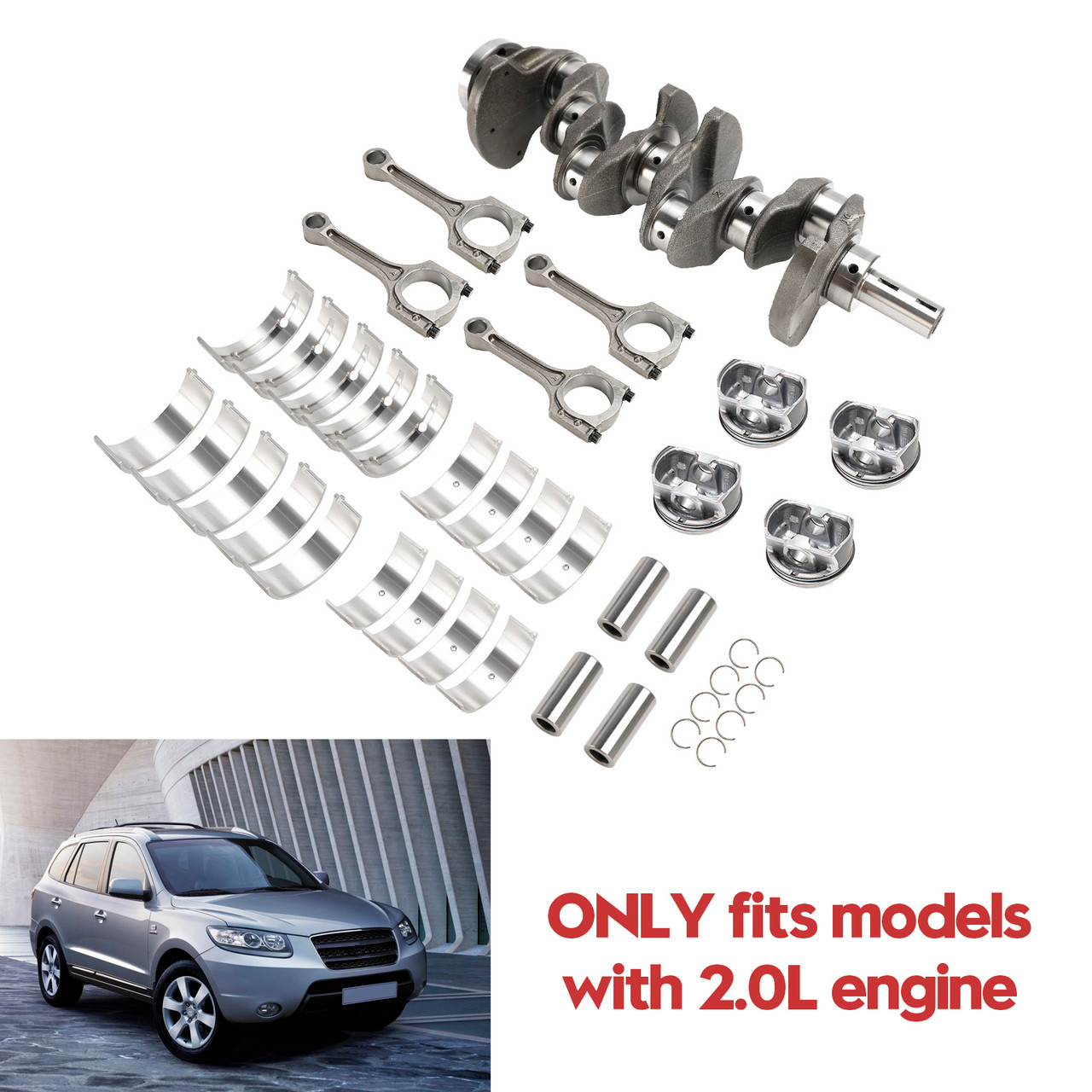 2005-2010 Hyundai Tucson G4KD 2.0L Engine Crankshaft Rods Piston Kit & Bearing Set 23040-2G200, 231112G010, 23510-25030 Generic 2005-2010 Hyundai Tucson G4KD 2.0L Engine Crankshaft Rods Piston Kit & Bearing Set 23040-2G200, 231112G010, 23510-25030 Generic