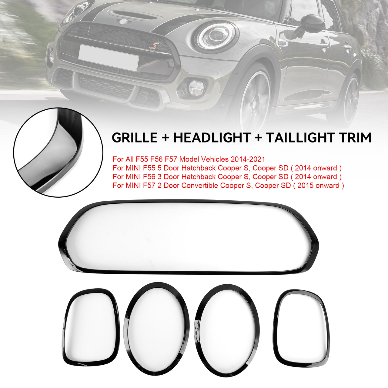 2015 onwards MINI F57 2 Door Convertible Cooper S, Cooper SD Front Bumper Grill Surround Trim+Front Fog Light Cover Trim+Rear Fog Light Cover Trim 51137449207 Generic