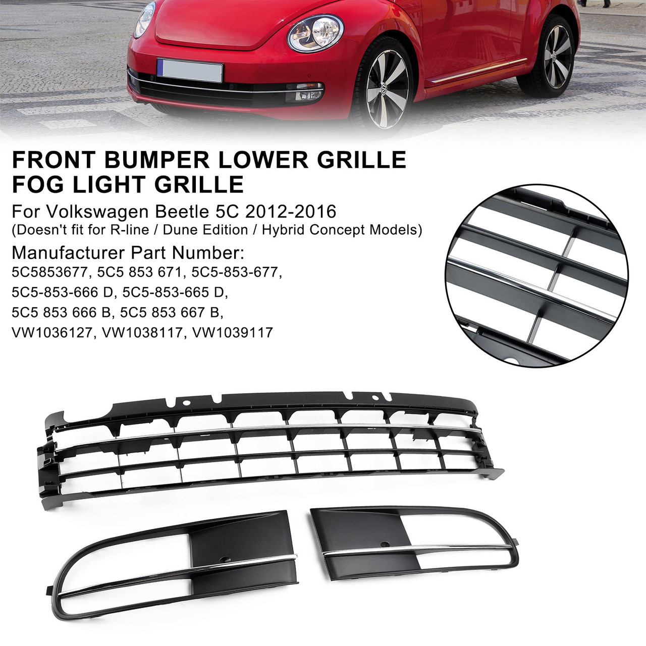 2012-2016 VW Beetle Front Bumper Lower Grille + Fog Light Grille W