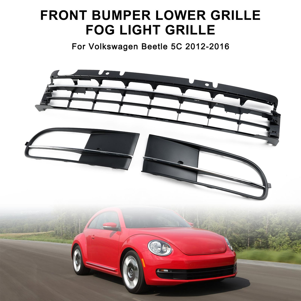 2012-2016 VW Beetle Front Bumper Lower Grille + Fog Light Grille W/ Chrome Generic