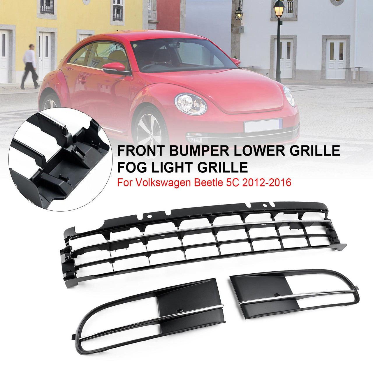 2012-2016 VW Beetle Front Bumper Lower Grille + Fog Light Grille W/ Chrome Generic