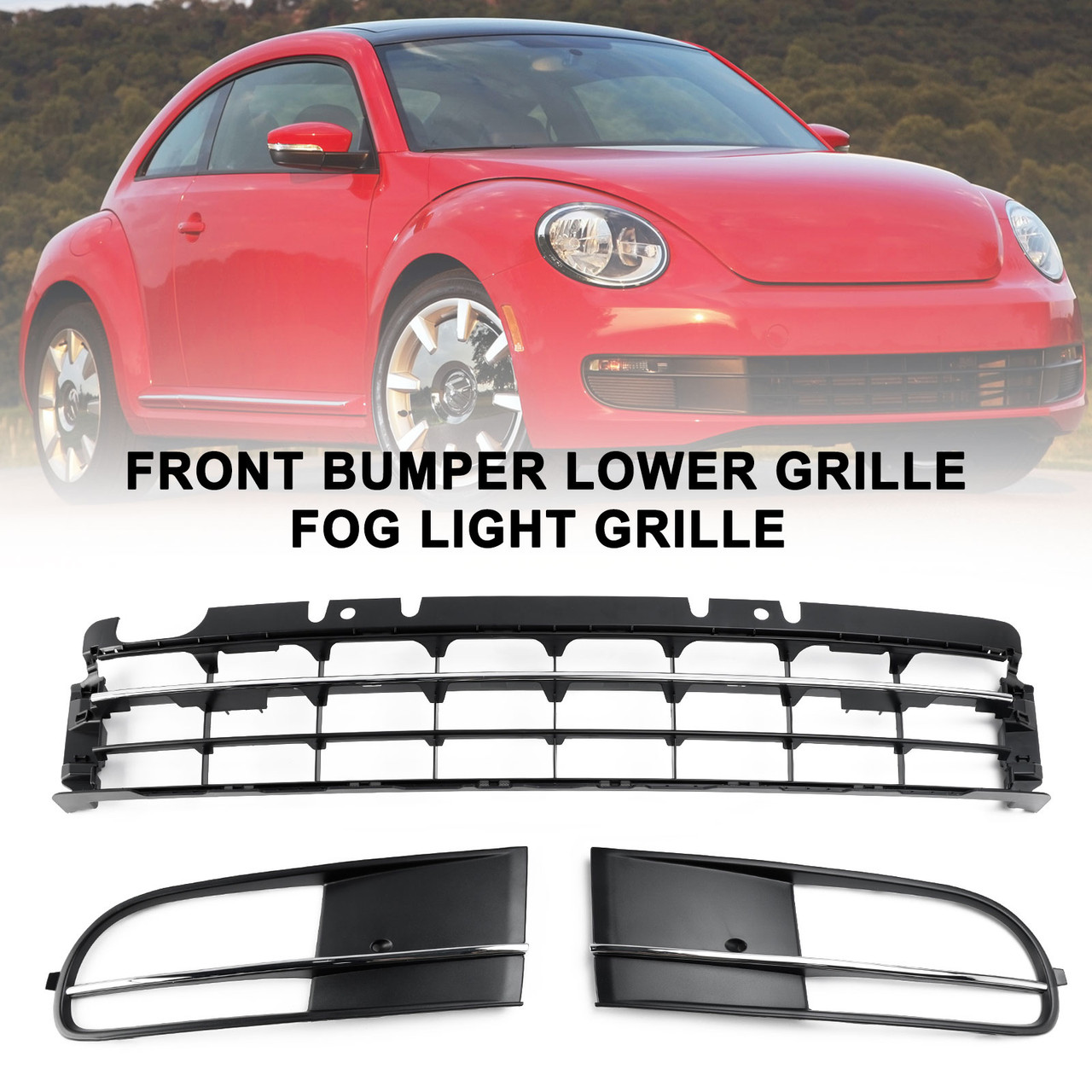 2012-2016 VW Beetle Front Bumper Lower Grille + Fog Light Grille W/ Chrome Generic