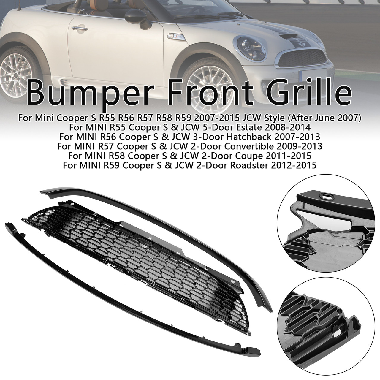 2007-2015 Mini Cooper S R55 R56 R57 R58 R59 JCW Style 3PCS Gloss Black Front Grille Generic
