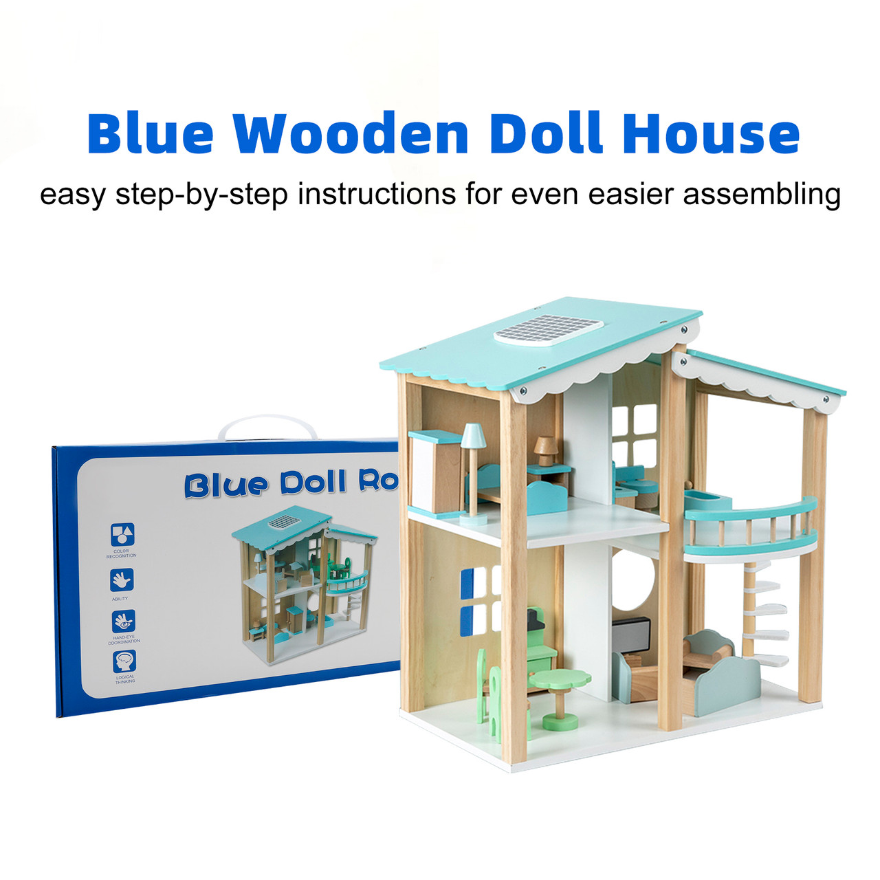 2 Story Blue Wooden Doll House With 16 Accessories Toy Gift For 3