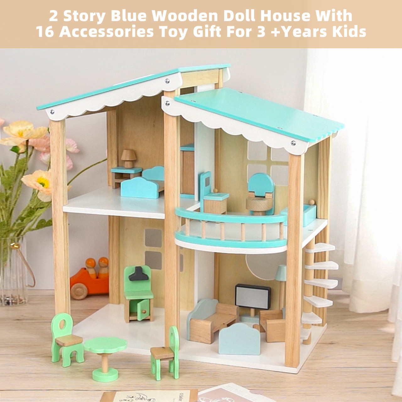 クラッシックドール 2 Story Blue Wooden Doll House With 16 Accessories Toy Gift For 3