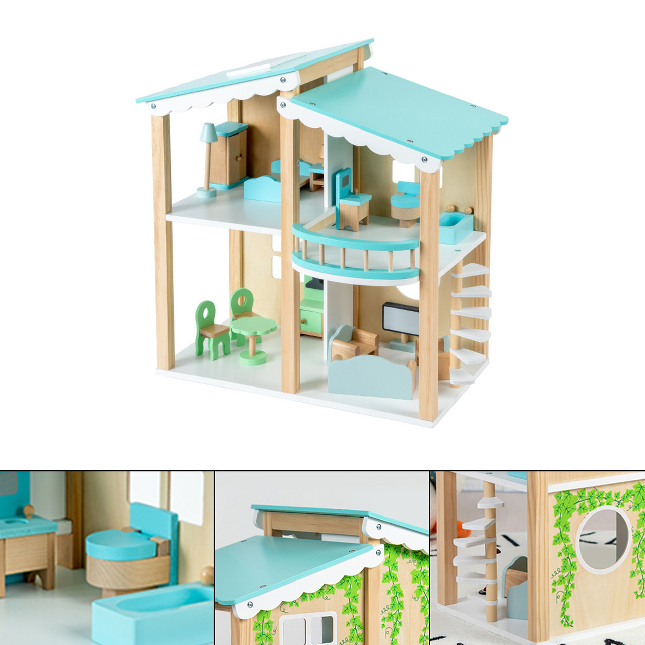 2 Story Blue Wooden Doll House With 16 Accessories Toy Gift For 3