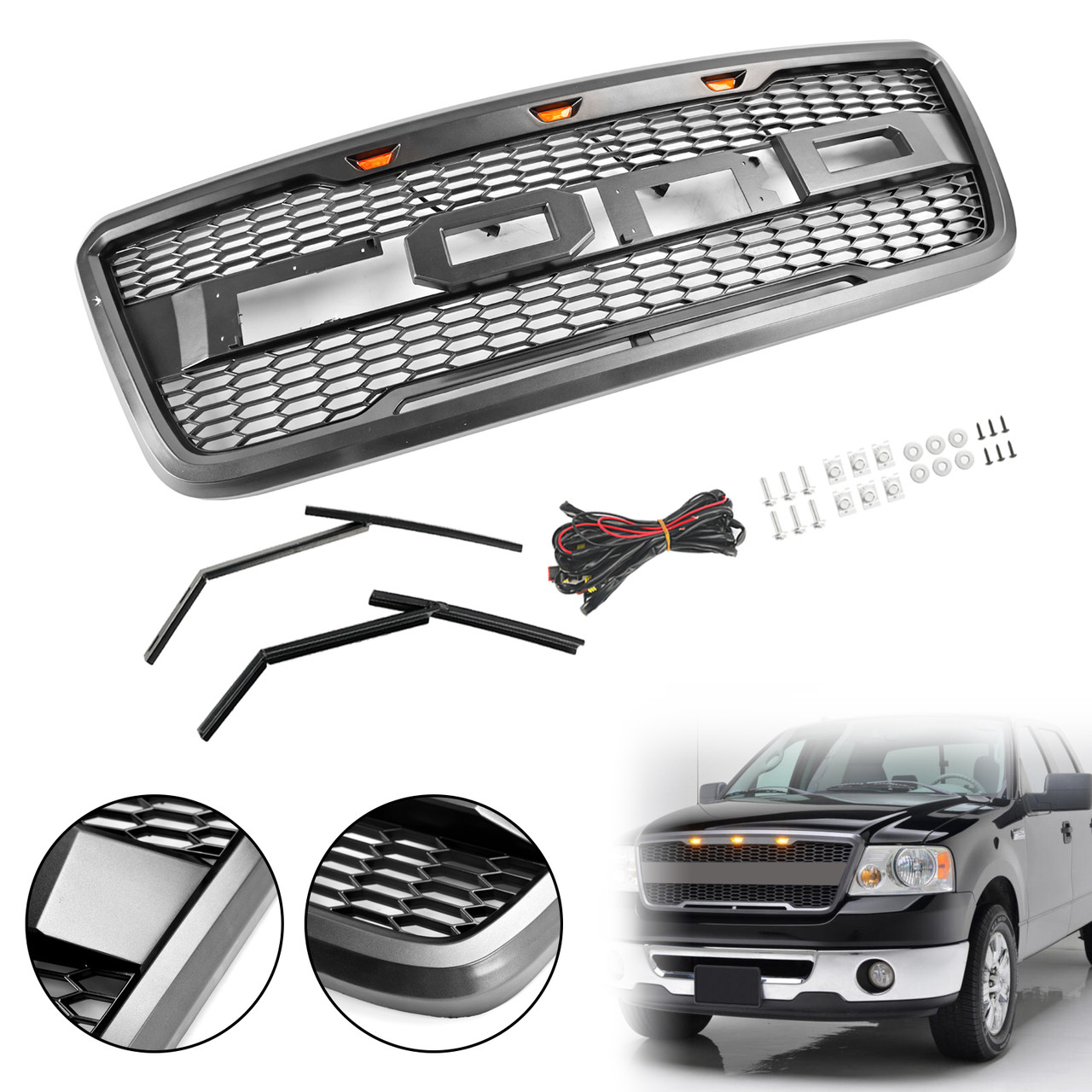 Raptor Style Front Bumper Grille For 2004-2008 F150 F-150 - Black W/ Lights