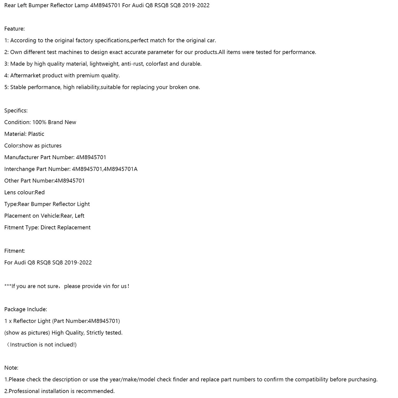 Rear Left Bumper Reflector Lamp 4M8945701 For Audi Q8 RSQ8 SQ8 2019-2022