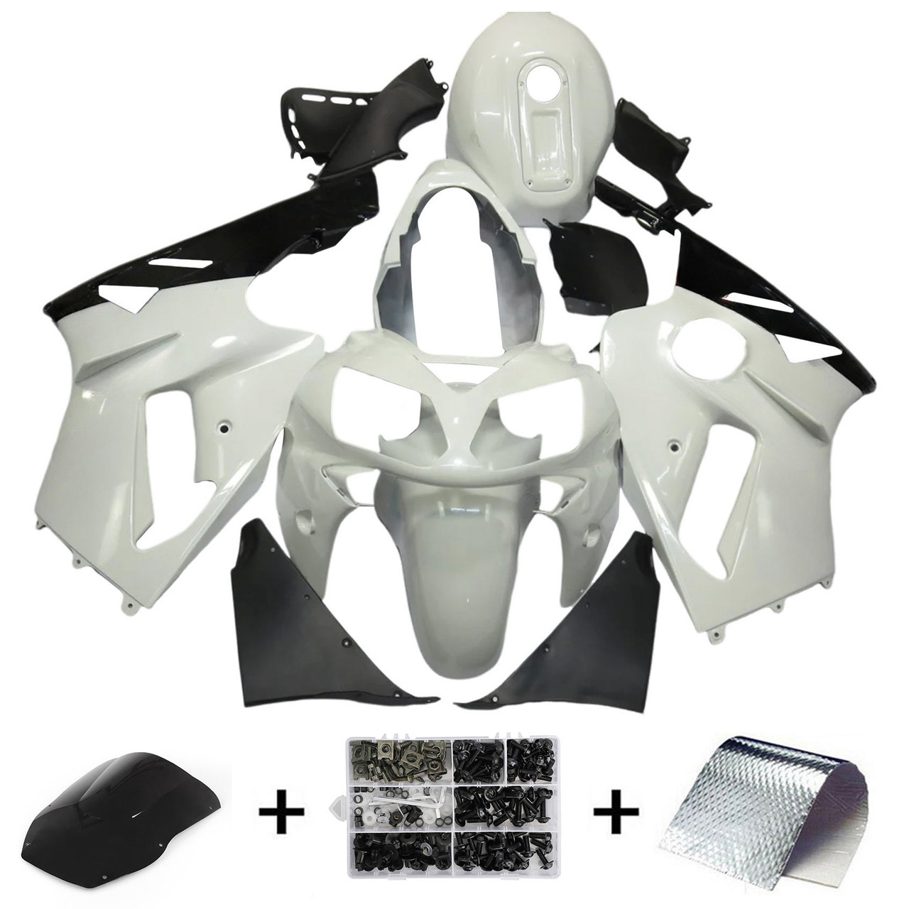 2000-2001 Kawasaki ZX12R Glossy Black White Fairing Kit