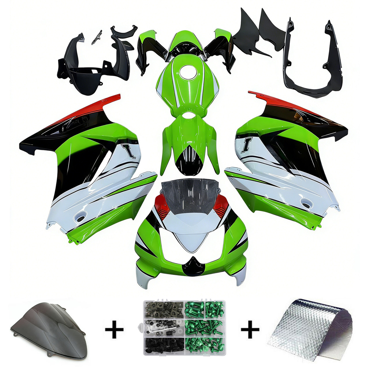 2008-2012 Kawasaki EX250 Ninja250R Black White Green Fairing Kit