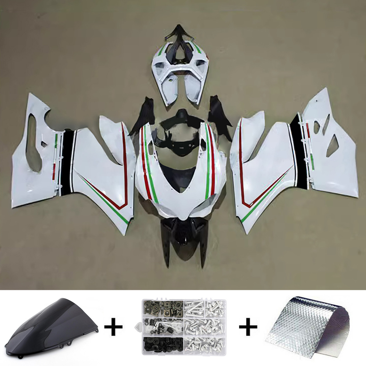2012-2015 Ducati 1199/899 Glossy White Red Green Lines Fairing Kit