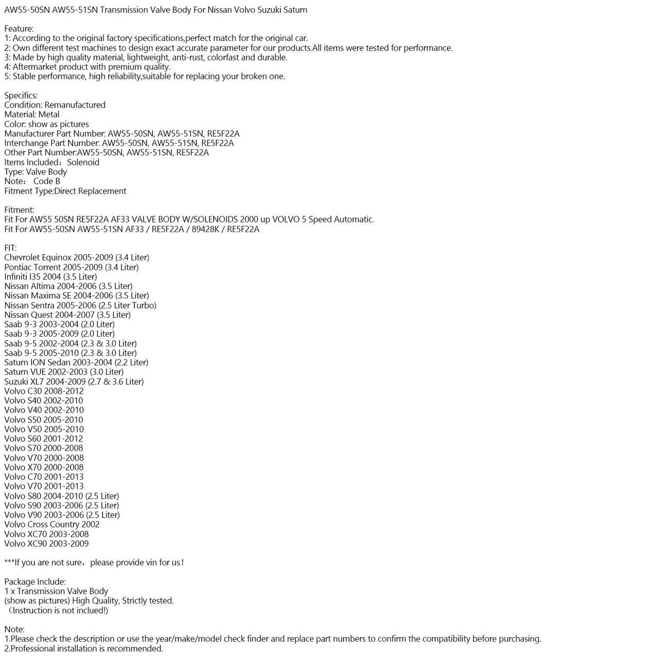 AW55-50SN AW55-51SN Transmission Valve Body For Nissan Volvo Suzuki Saturn