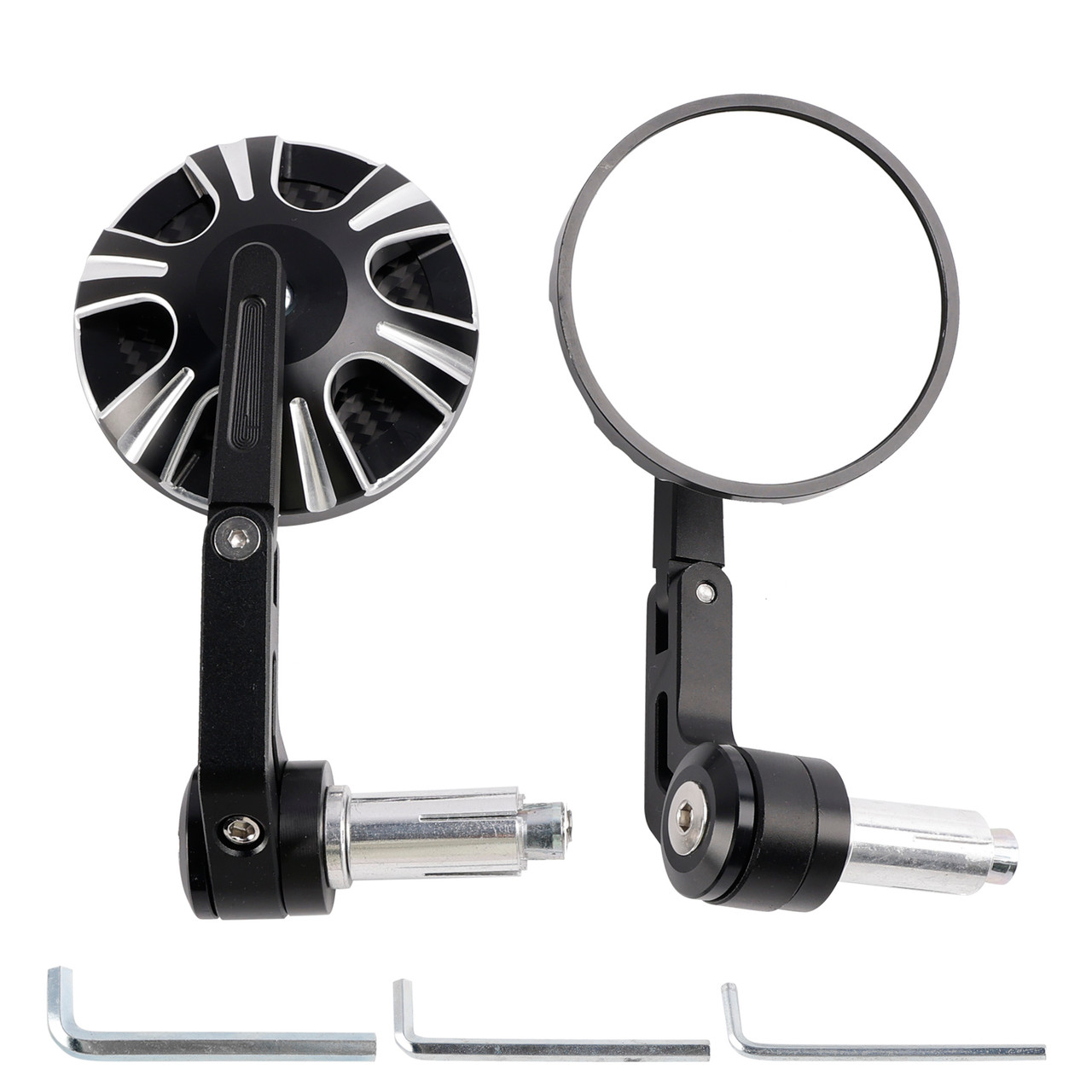 CNC Aluminium Carbon Black 3" Round Bar End Mirror Set 7/8" 1" Universal Fit