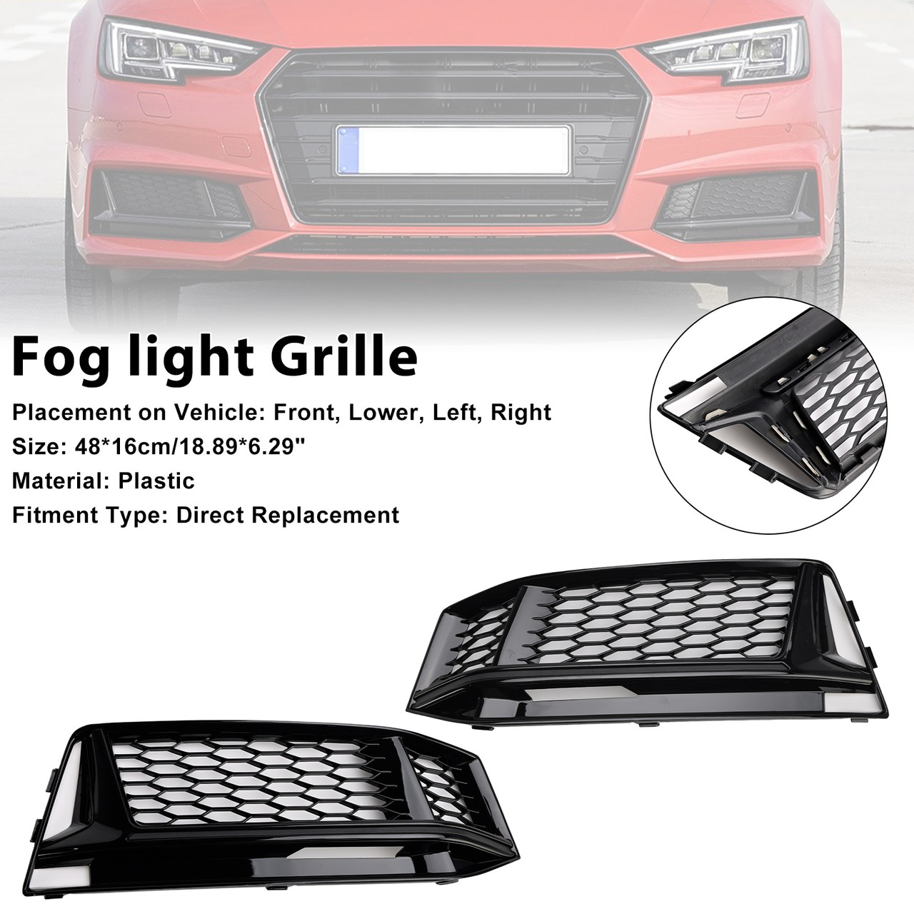 2PCS Fog Light Cover Grille Grill Fit AUDI A4 B9 S-Line S4 2016-2018