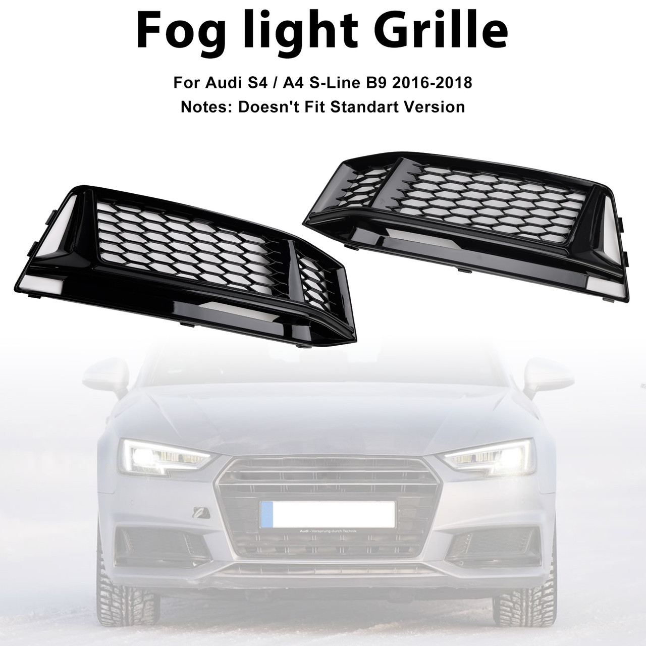 2PCS Fog Light Cover Grille Grill Fit AUDI A4 B9 S-Line S4 2016-2018