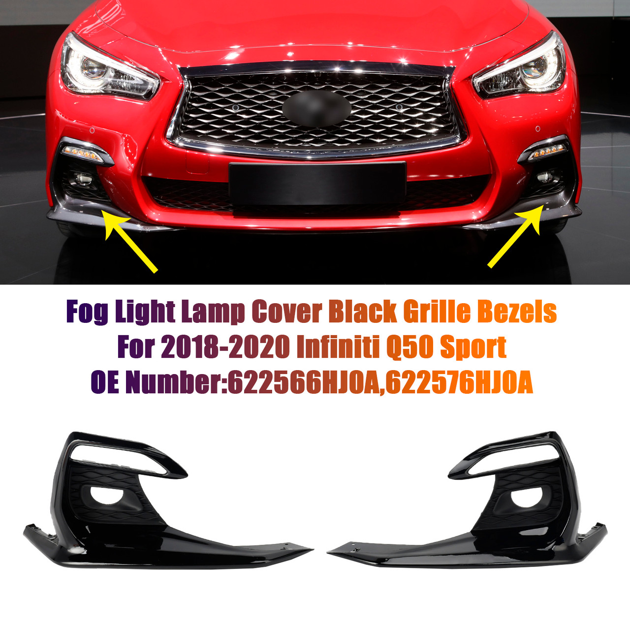 2018-2020 Infiniti Q50 Sport Bumper Fog Light Lamp Cover Black Grille Bezels Generic