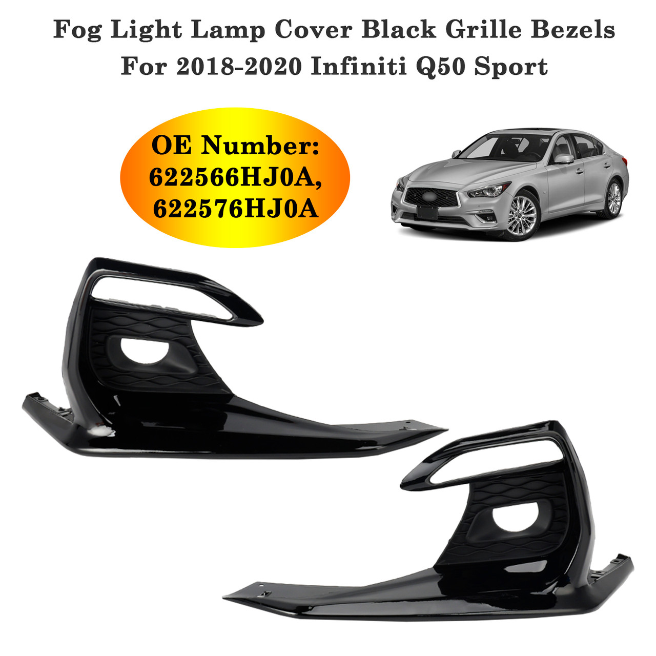 2018-2020 Infiniti Q50 Sport Bumper Fog Light Lamp Cover Black Grille Bezels Generic