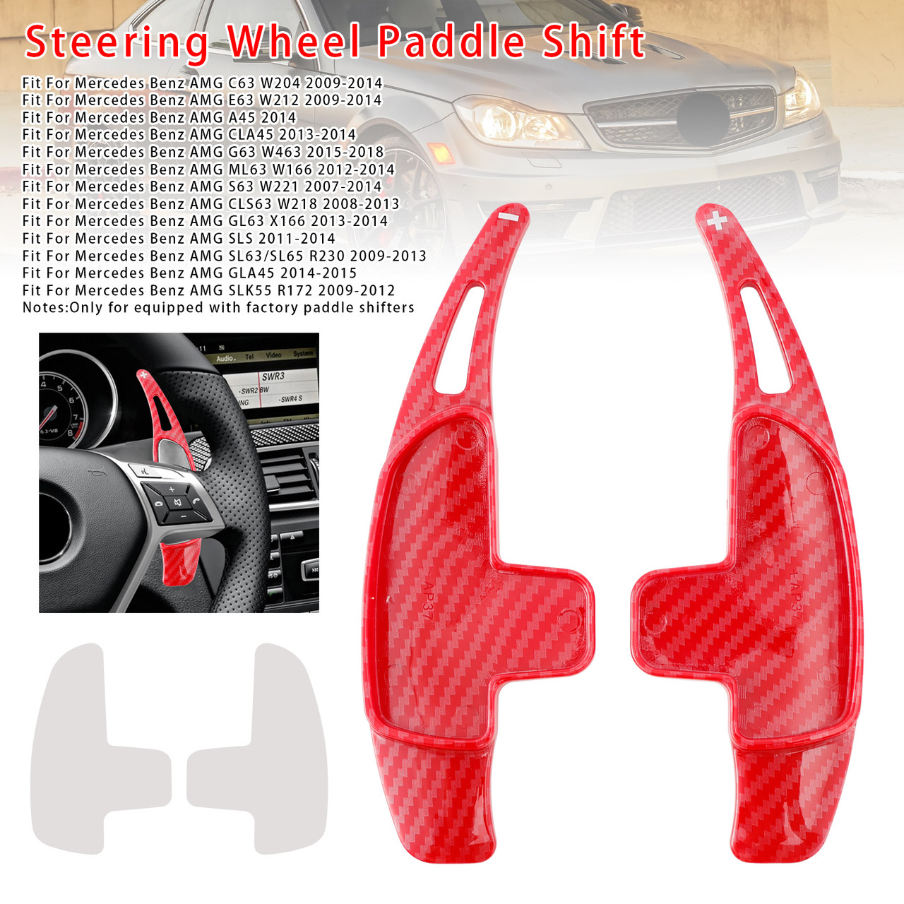 2007-2018 Mercedes Benz AMG Steering Wheel Paddle Shifter Extension Carbon Fiber Red Look Generic 2007-2018 Mercedes Benz AMG Steering Wheel Paddle Shifter Extension Carbon Fiber Red Look Generic