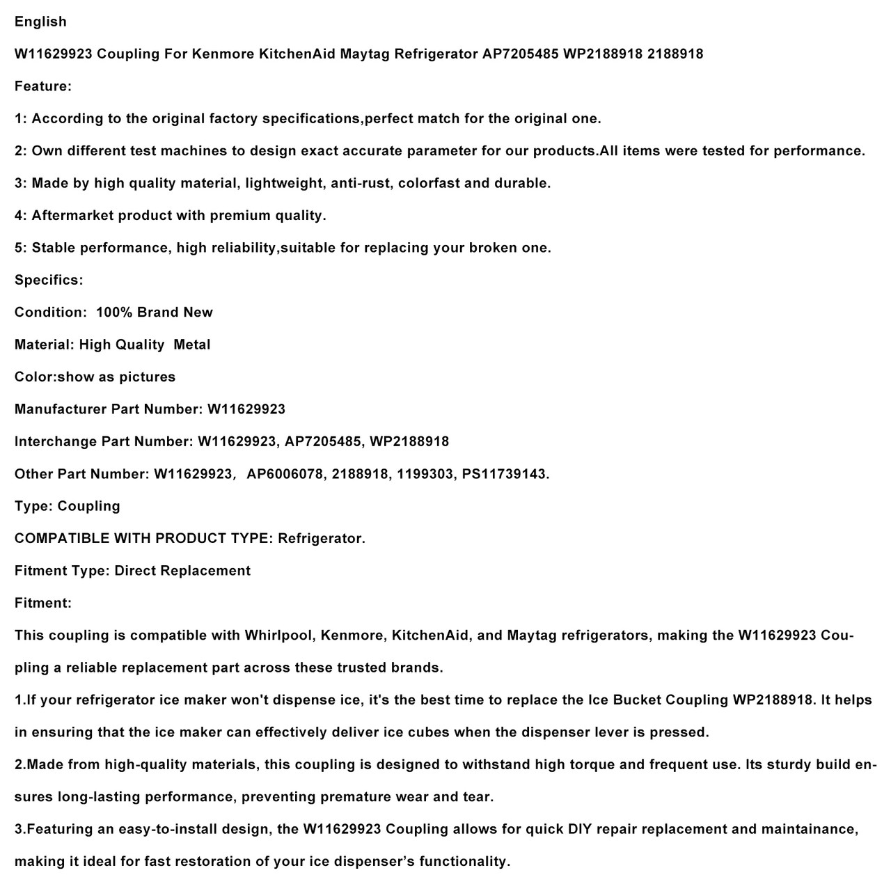 W11629923 Coupling For Kenmore KitchenAid Maytag Refrigerator AP7205485 WP2188918 2188918